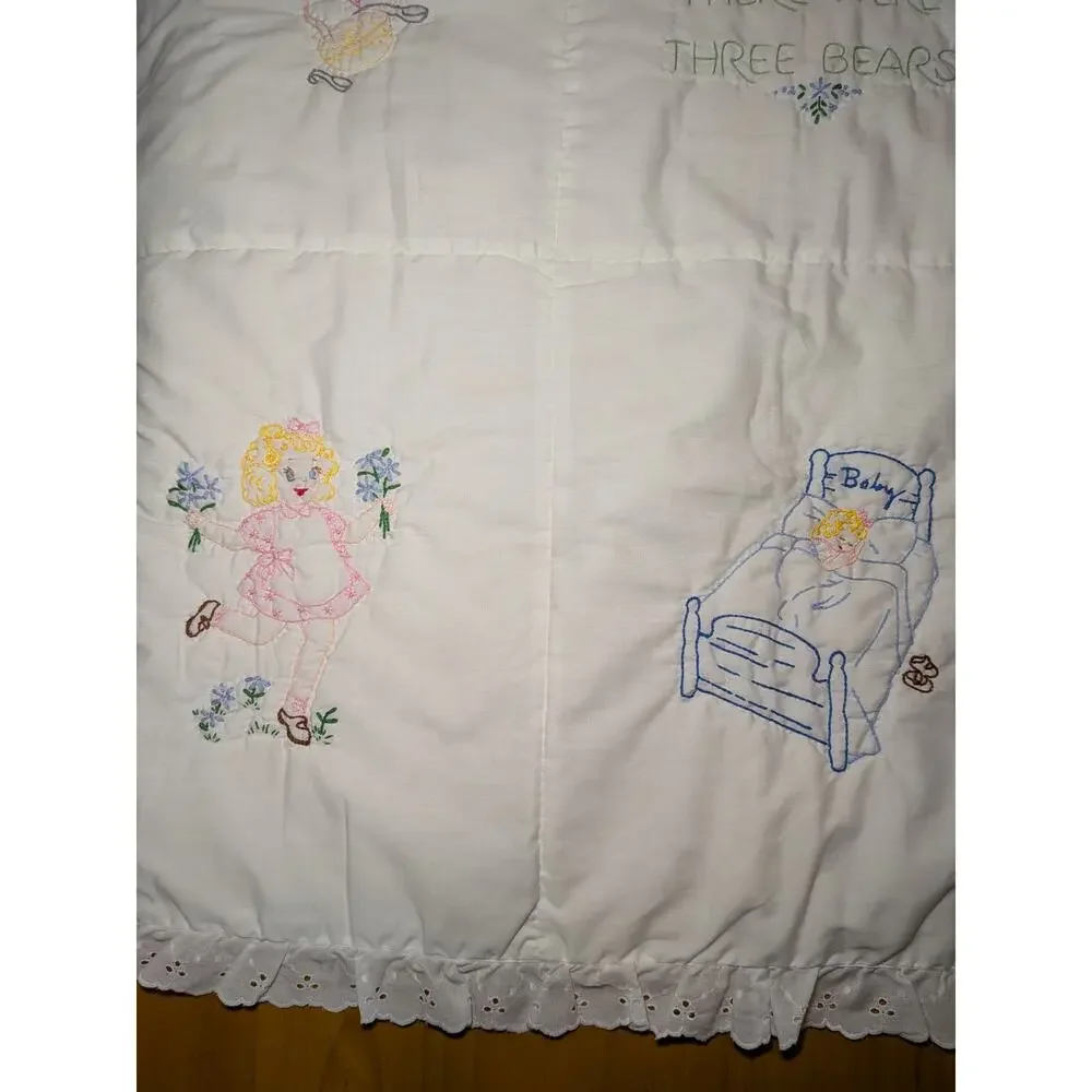 Vtg Hand-Embroidered Three Bears Baby Quilt Goldilocks Nursery Blanket 35